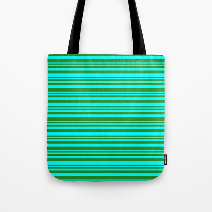 Forest Green & Cyan Colored Striped Pattern Tote Bag