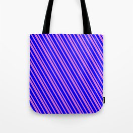 [ Thumbnail: Blue and Orchid Colored Pattern of Stripes Tote Bag ]