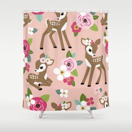 Seamless vintage pattern with cute vintage fawn on pink floral background.  Shower Curtain