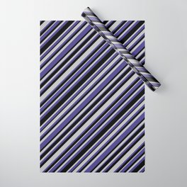 [ Thumbnail: Grey, Dark Slate Blue, and Black Colored Lined/Striped Pattern Wrapping Paper ]