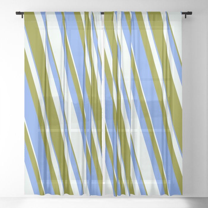 Mint Cream, Green & Cornflower Blue Colored Striped/Lined Pattern Sheer Curtain