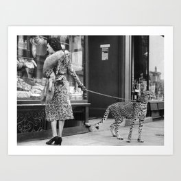 Woman with Cheetah, Phyllis Gordon, with her pet Kenyan cheetah, Paris, France black and white photo Art Print