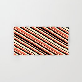 [ Thumbnail: Red, Black & Light Yellow Colored Striped Pattern Hand & Bath Towel ]