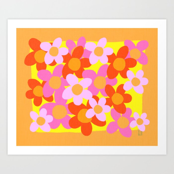 Cheerful Bright Flowers 70’s Retro Scandi Pop Floral Design In Red, Orange And Pink On Yellow  Art Print