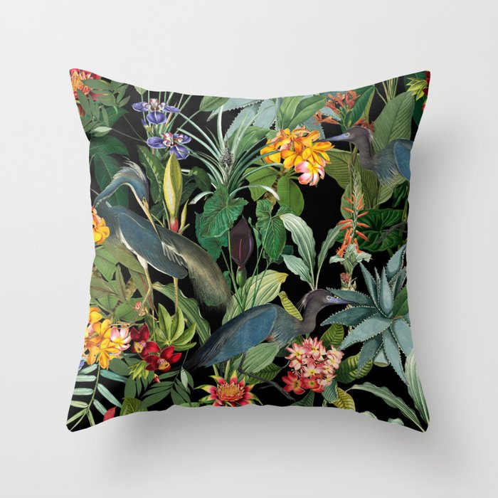 Vintage & Shabby Chic - Midnight Tropical Garden Blue Heron Throw Pillow