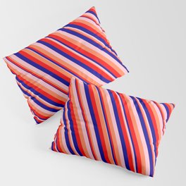 [ Thumbnail: Pink, Coral, Red, and Dark Blue Colored Pattern of Stripes Pillow Sham ]