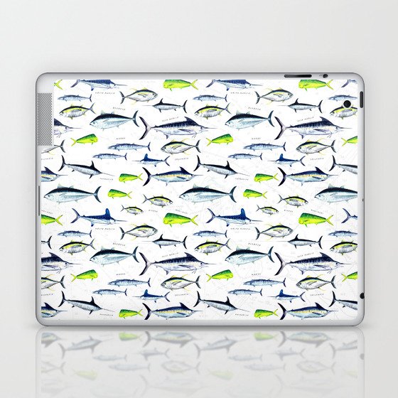 Tuna, Marlin, Wahoo, Swordfish, Mahi-Mahi Hand Illustrated Sport Fish Pattern; Desaturated Color, Ocean Chart Laptop & iPad Skin