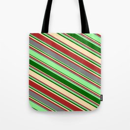 [ Thumbnail: Eyecatching Grey, Green, Dark Green, Beige, and Red Colored Lines Pattern Tote Bag ]