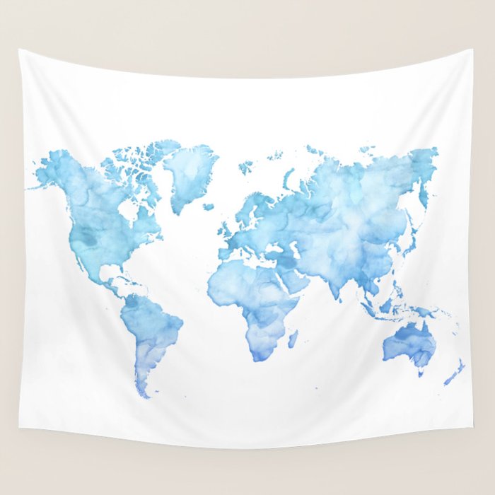 Light blue watercolor world map Wall Tapestry by ...