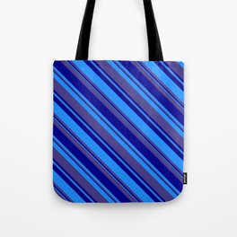 [ Thumbnail: Dark Slate Blue, Dark Blue & Blue Colored Stripes Pattern Tote Bag ]