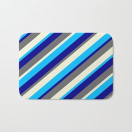 [ Thumbnail: Beige, Deep Sky Blue, Dark Blue, and Dim Grey Colored Lines/Stripes Pattern Bath Mat ]