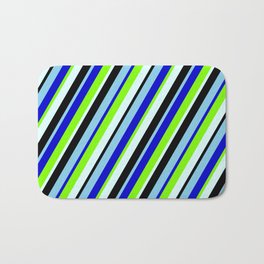 [ Thumbnail: Colorful Sky Blue, Blue, Chartreuse, Light Cyan & Black Colored Lines Pattern Bath Mat ]