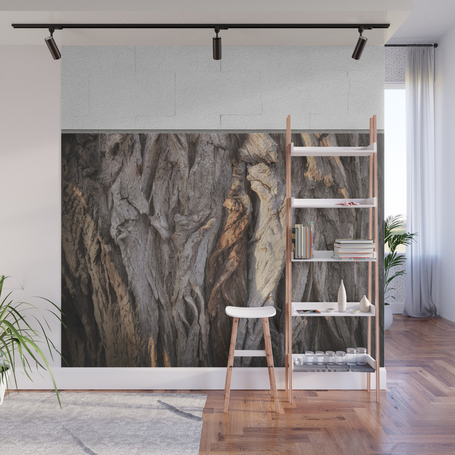 Abstract Human Figures In Gnarled Wood And White Cinder Block Wall
