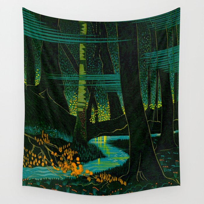 Magical Dark Fantasy Forest Woodblock Wall Tapestry