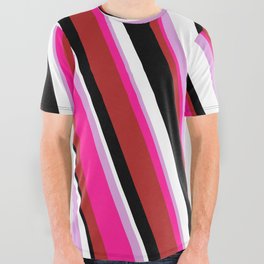 [ Thumbnail: Eyecatching Plum, Deep Pink, Red, Black & White Colored Lined/Striped Pattern All Over Graphic Tee ]