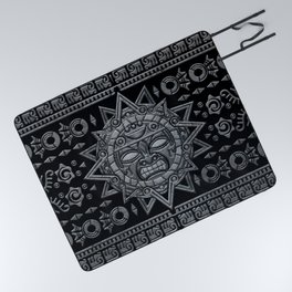 Aztec Sun God - Stone on Black Picnic Blanket