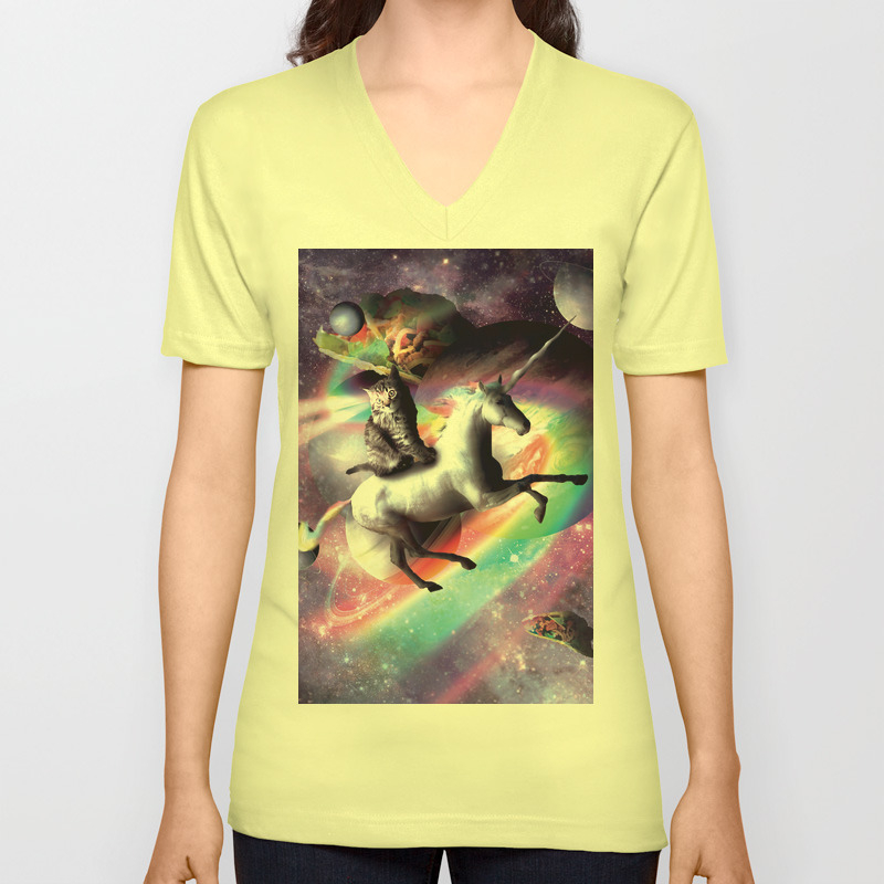 Space Cat Riding Unicorn Laser Tacos And Rainbow Unisex V Neck