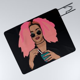 Woman with pink hair, sunglasses and piercings stirring coffee Picnic Blanket