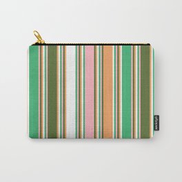 [ Thumbnail: Colorful Sea Green, Light Pink, Dark Olive Green, Brown, and White Colored Lines Pattern Carry-All Pouch ]