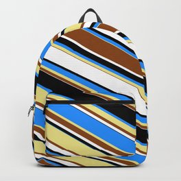 [ Thumbnail: Eyecatching Blue, Tan, Brown, White, and Black Colored Lined/Striped Pattern Backpack ]
