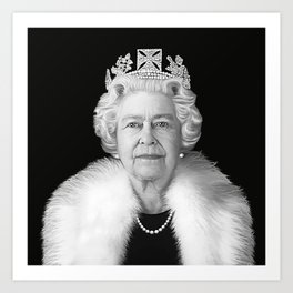 Queen Elizabeth II in White Stole Black and White Art Print