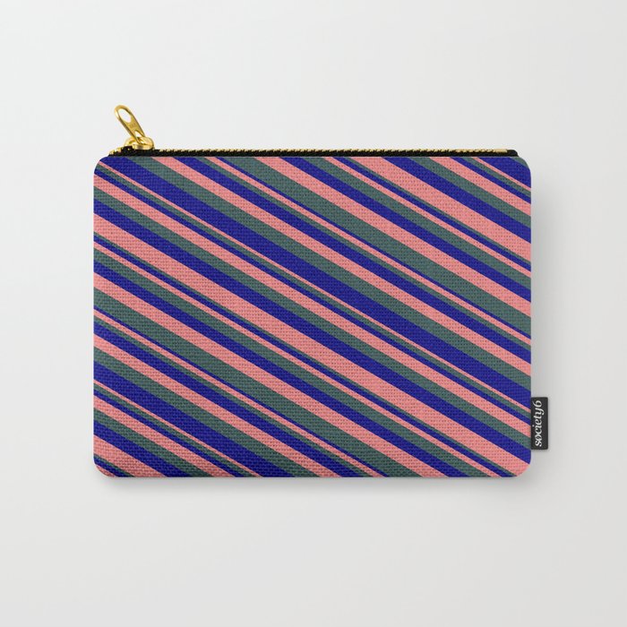 Light Coral, Dark Slate Gray & Blue Colored Striped/Lined Pattern Carry-All Pouch