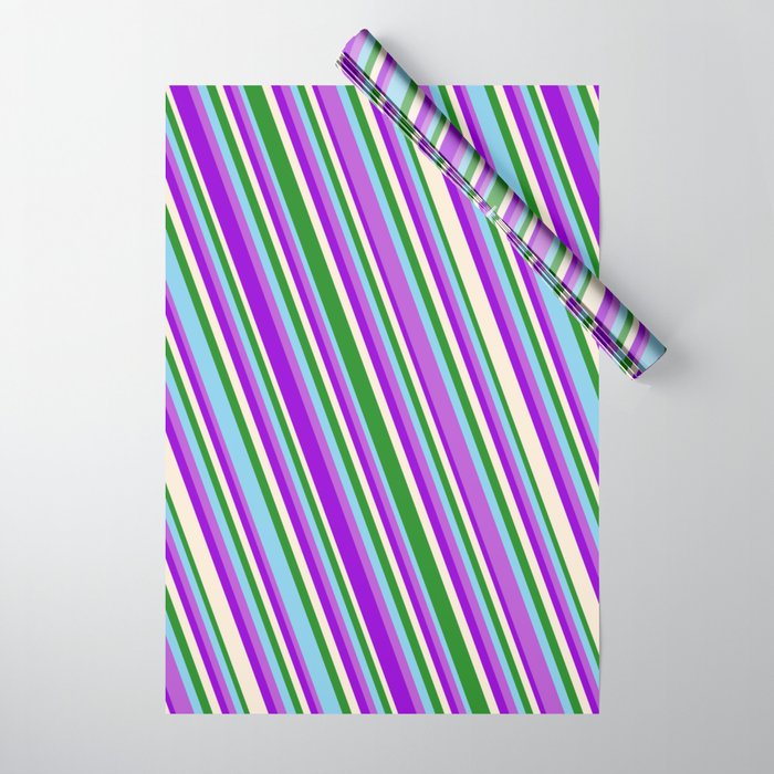 Eye-catching Forest Green, Sky Blue, Orchid, Dark Violet, and Beige Colored Striped/Lined Pattern Wrapping Paper