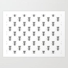 Queen Bee Pattern No. 1 | Vintage Bees with Crown | Black and White | Art Print