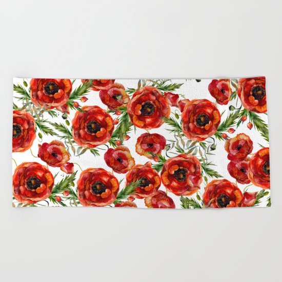 Poppy Pattern On White Background Beach Towel