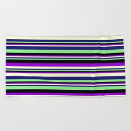 [ Thumbnail: Dark Violet, Light Yellow, Midnight Blue, Light Green, and Black Colored Lined/Striped Pattern Beach Towel ]