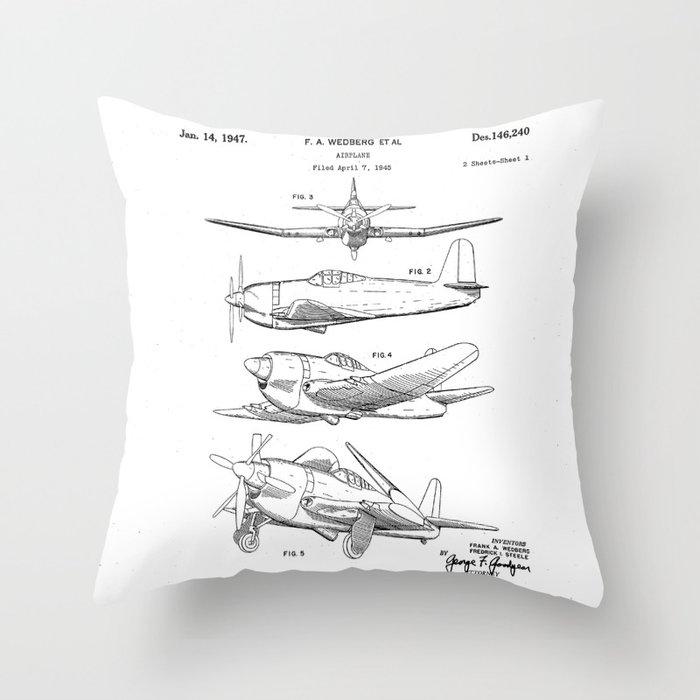 Wedberg Airplane Patent - Us Air Force Art - Black And White Throw Pillow