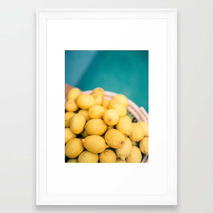 Yellow Lemons Next To A Turquoise Pool Colorful Food Photography Tropical Feel Framed Art Print