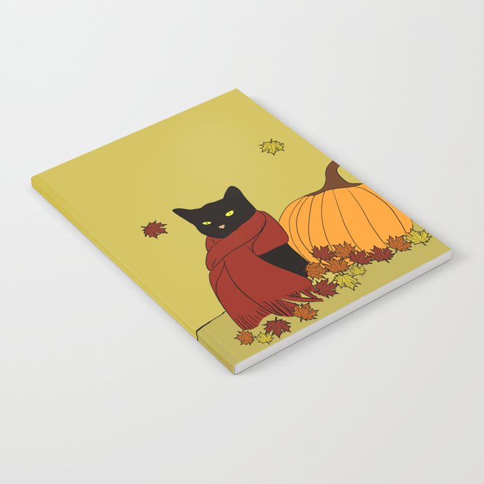 Cascade The Black Cat In Red Scarf With Pumpkin - Fall Notebook