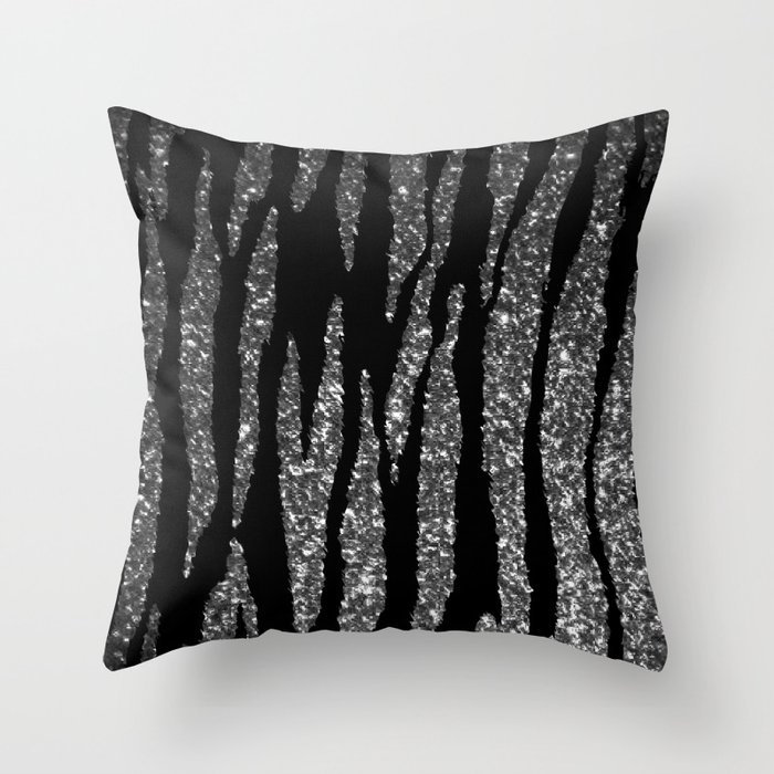 Black and Silver Glitter Zebra Stripes Throw Pillow