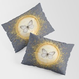 Hand-Drawn Butterfly Gold Circle Pendant on Dark Gray Pillow Sham