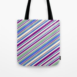 [ Thumbnail: Colorful Light Grey, Dark Sea Green, Royal Blue, Light Yellow & Purple Colored Lined/Striped Pattern Tote Bag ]