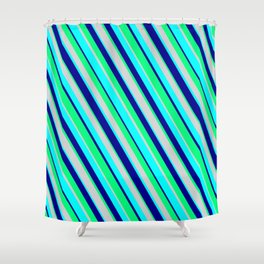 [ Thumbnail: Light Gray, Cyan, Dark Blue & Green Colored Lines Pattern Shower Curtain ]