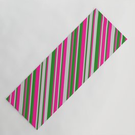 [ Thumbnail: Deep Pink, Light Grey, and Forest Green Colored Lines Pattern Yoga Mat ]