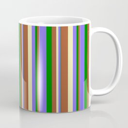[ Thumbnail: Green, Medium Slate Blue, Pale Goldenrod, and Sienna Colored Striped Pattern Coffee Mug ]