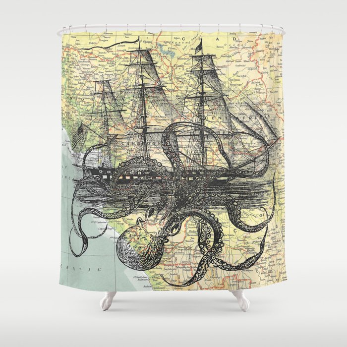 Octopus S Ship On Map Background Shower Curtain By Octopus S Ship On Map Background Shower Curtain
