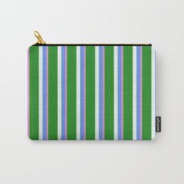 [ Thumbnail: Eyecatching Green, Violet, Cornflower Blue, Mint Cream & Forest Green Colored Pattern of Stripes Carry-All Pouch ]