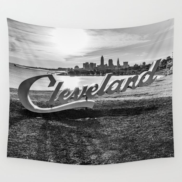 Cleveland Ohio Sign Lake Erie Skyline Black White Print Wall Tapestry