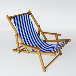 [ Thumbnail: Green, Blue, Light Grey, and Dark Blue Colored Lined/Striped Pattern Sling Chair ]