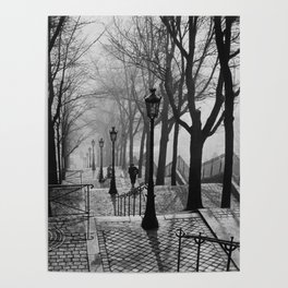 Sacre Coeur, Montmartre, Paris, France Stairs black and white photograph / black and white photography Poster