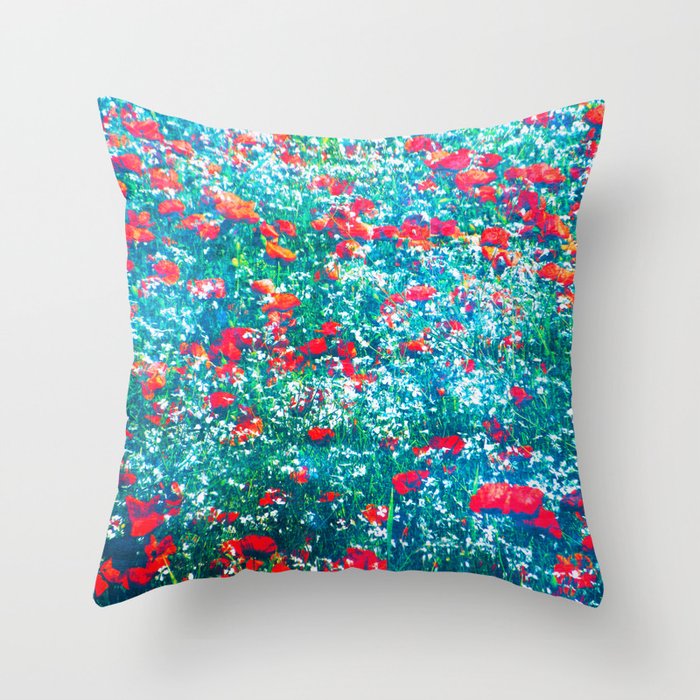 bright red and blue green field of wildflowers vintage photo effect Throw Pillow