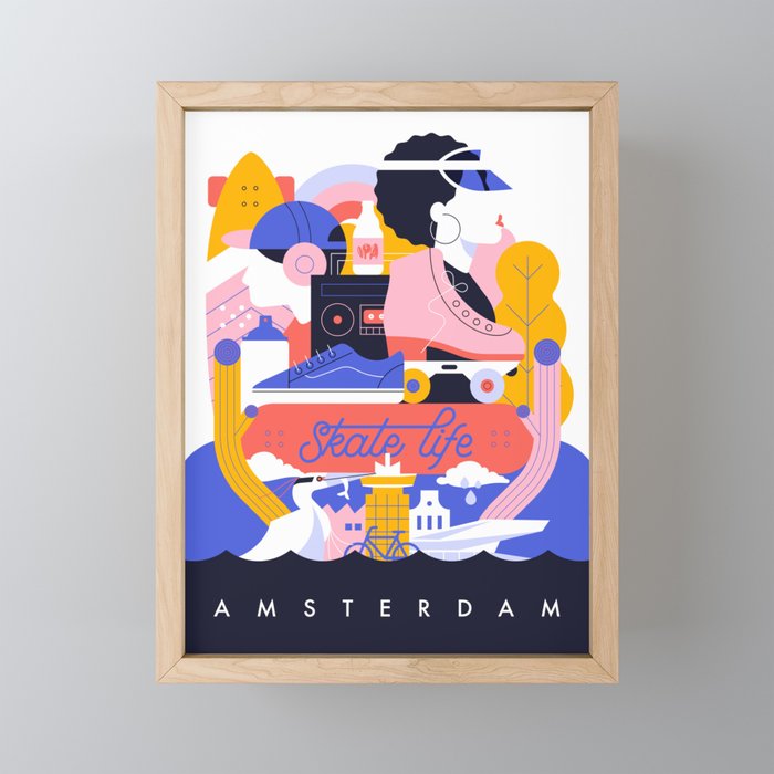 Amsterdam skate life illustration Framed Mini Art Print