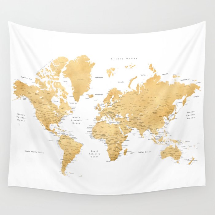 Gold world map with cities Wall Tapestry