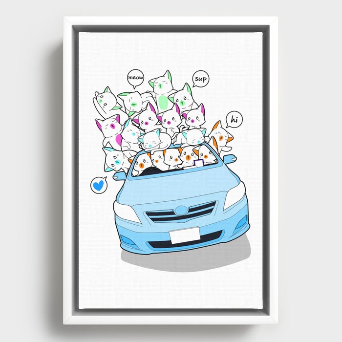 Funny cats car party | blue Framed Canvas