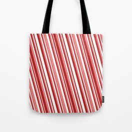 [ Thumbnail: Light Coral, Red & Mint Cream Colored Stripes Pattern Tote Bag ]