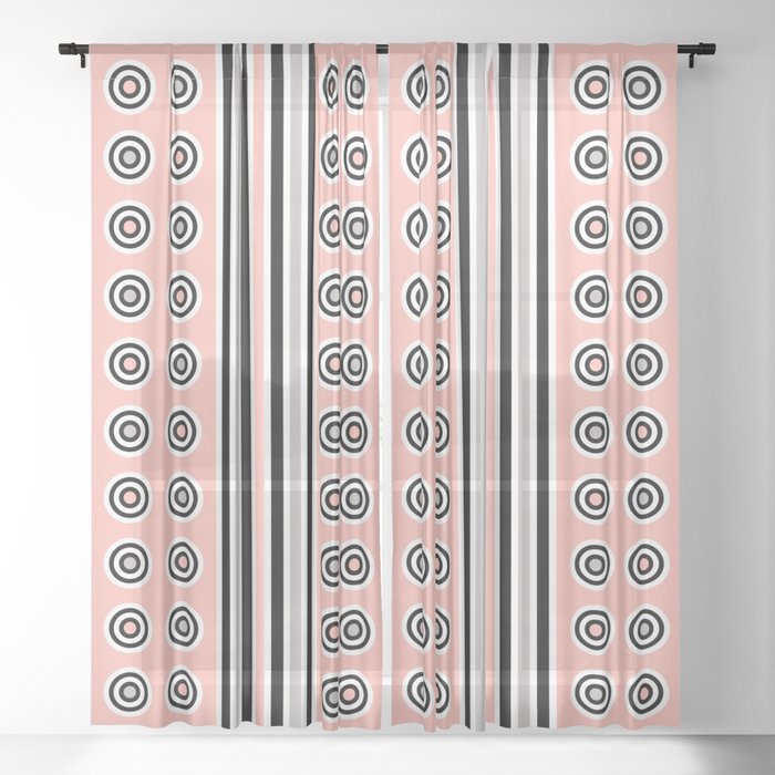 Geometric Vertical Stripes & Circles - Peach Pink, Gray Black White Sheer Curtain